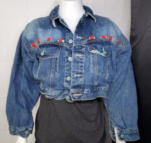 Vintage Oxygen M Floral Applique/Print Dark Denim Cropped Jeans Jacket 80s-90s